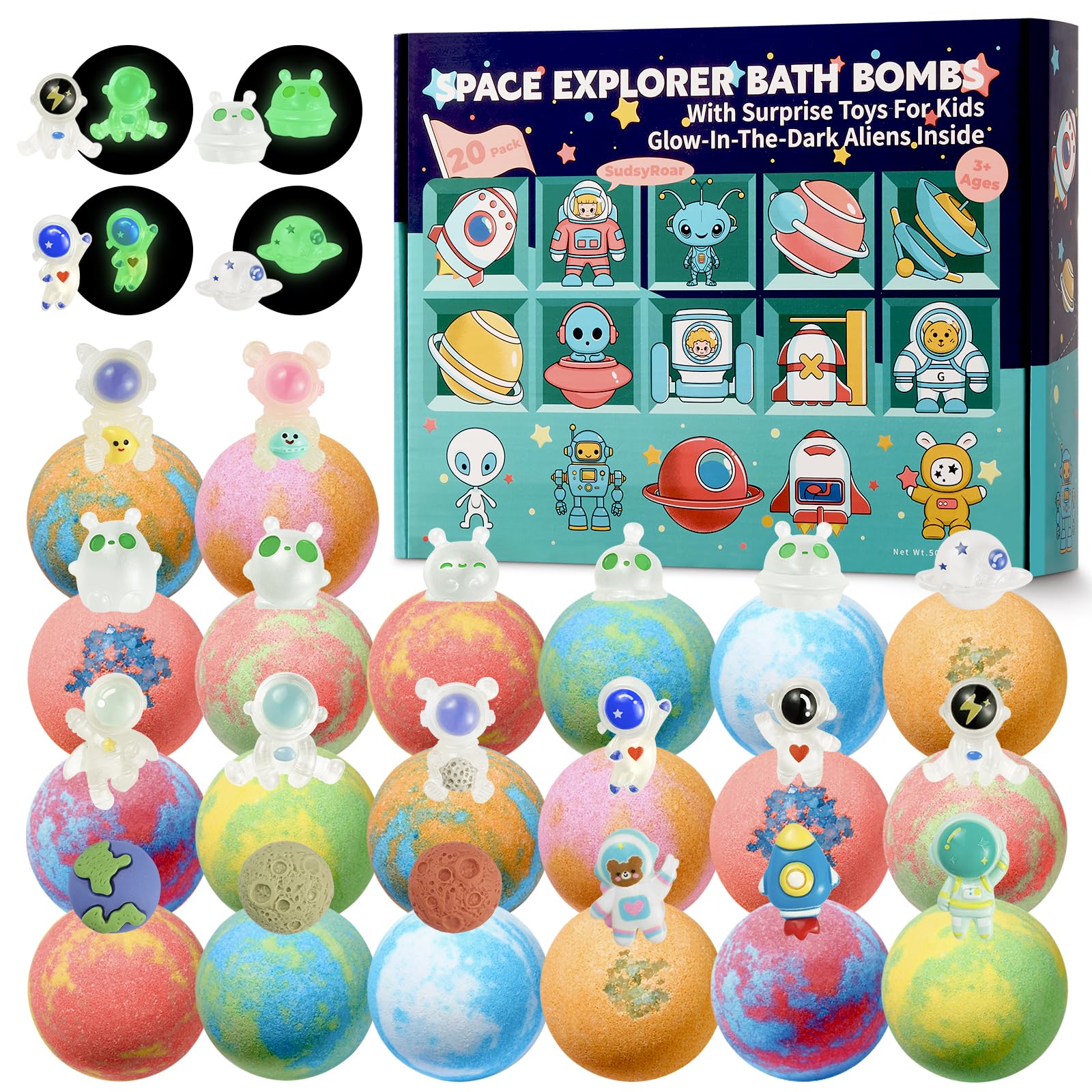 SudsyRoar Galaxy Bath Bombs reveal a surprise toy for imaginative bath-time missions.