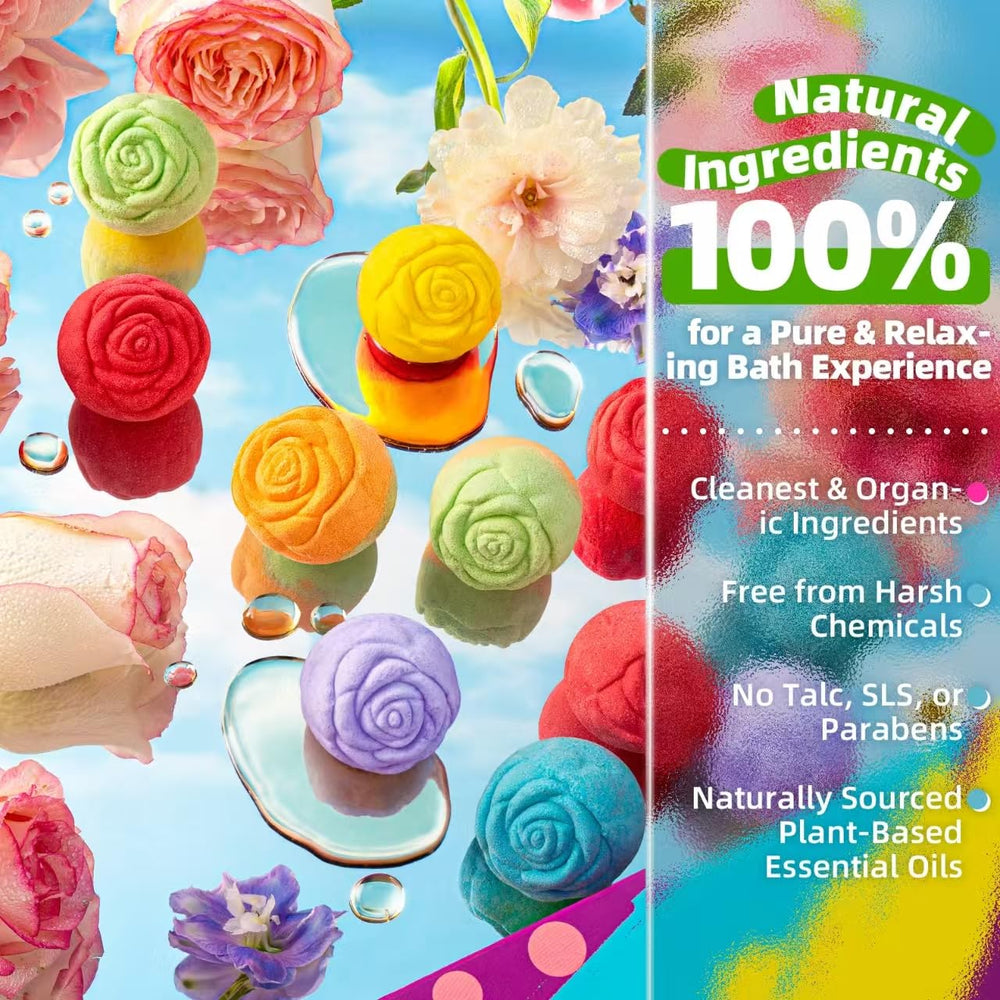 SudsyRoar rose bath bomb closeup highlights shimmering colors and calming aroma for a pampering ritual.