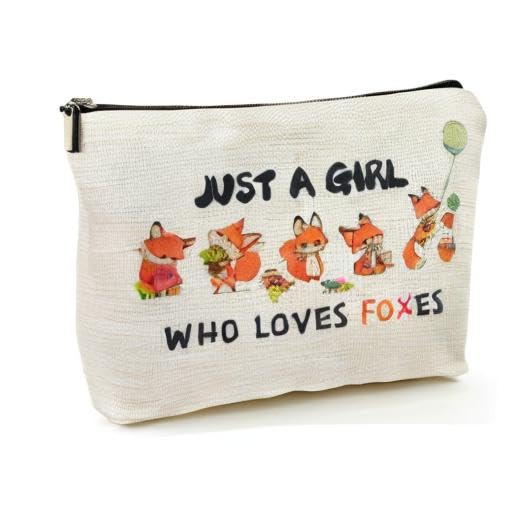 Suemetic Fox Makeup Bag material closeup displaying linen texture and water-resistant print