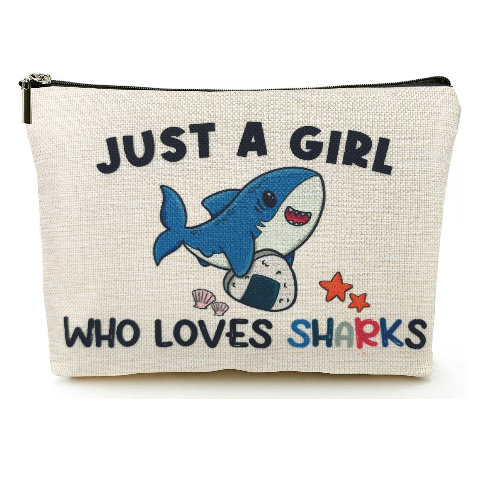 Suemetic shark gifts makeup bag, front angled view, portable travel companion.
