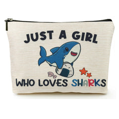 Suemetic shark gifts makeup bag, front angled view, portable travel companion.