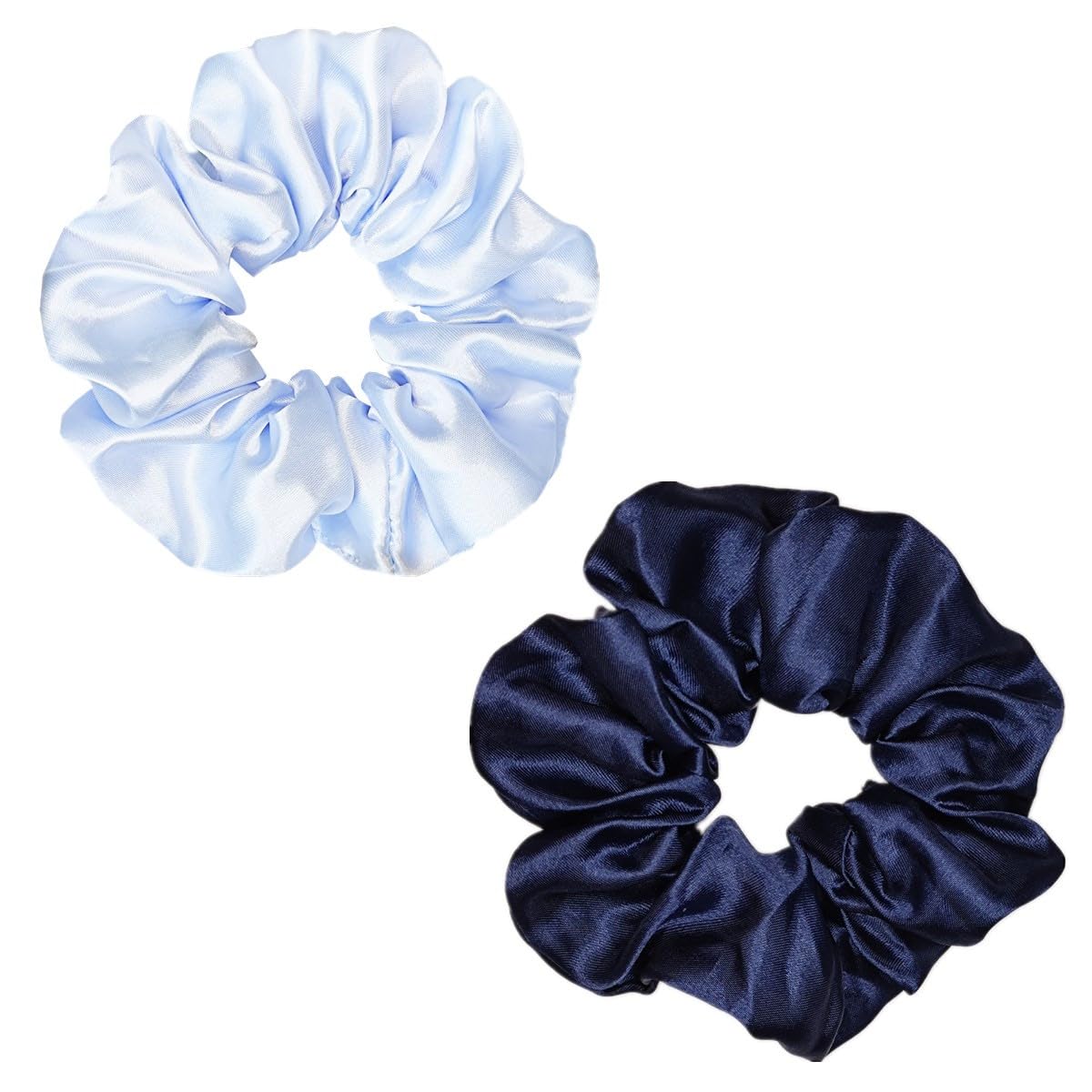 Assorted blue Sufermoe scrunchies shown on model coordinated with outfit.