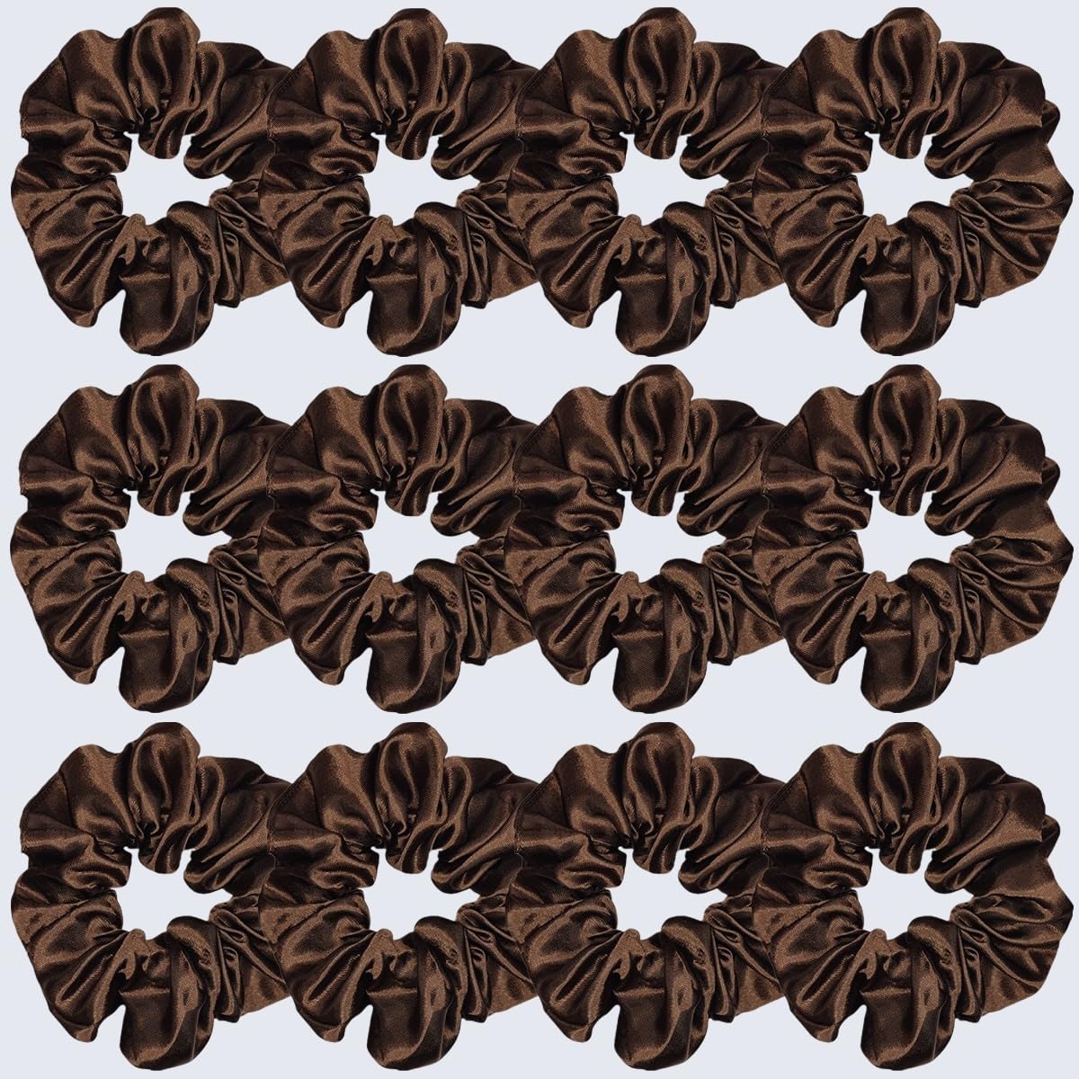 Sufermoe 12-pack satin silk scrunchies packaged for easy wardrobe matching.