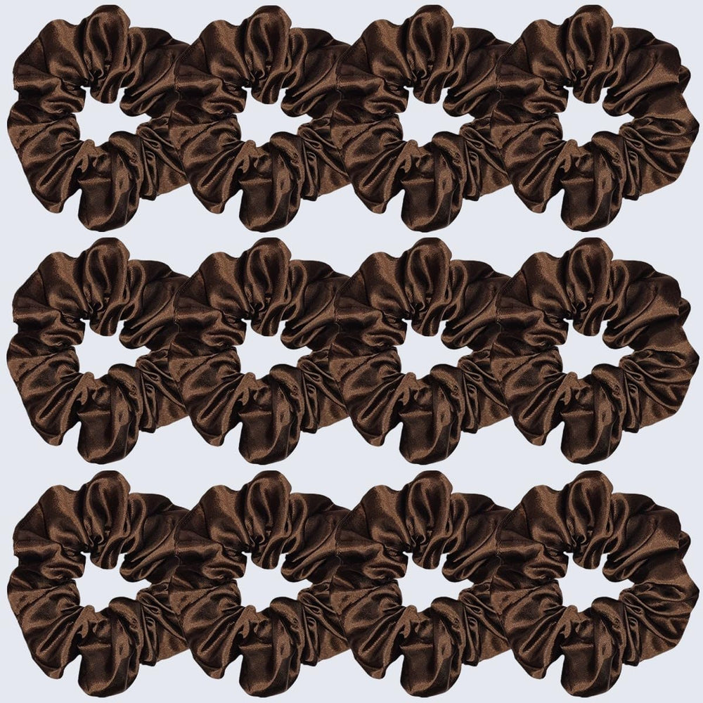Sufermoe 12-pack satin silk scrunchies packaged for easy wardrobe matching.