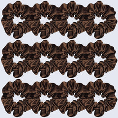 Sufermoe 12-pack satin silk scrunchies packaged for easy wardrobe matching.