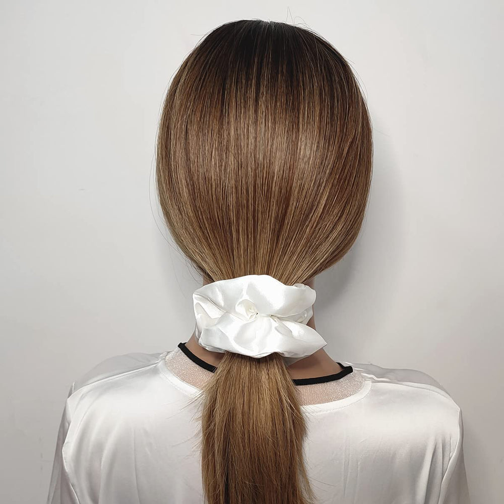 Sufermoe satin scrunchies white model pony-tail—soft, secure grip for all hair types.