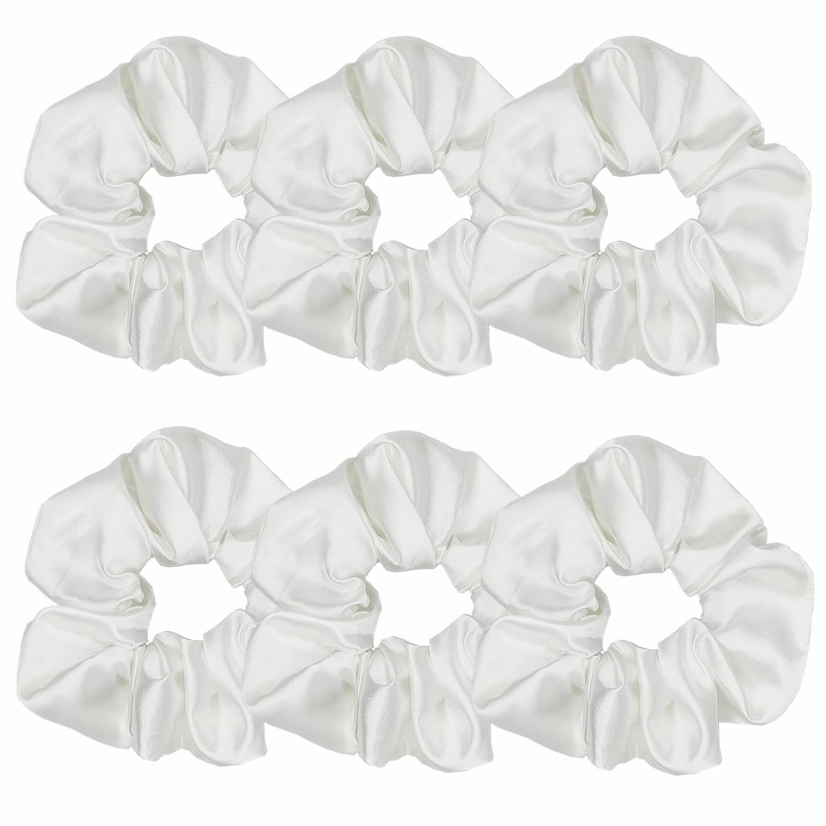 Sufermoe satin scrunchies white packshot—gentle, snag-free hold for daily wear.