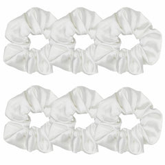 Sufermoe satin scrunchies white packshot—gentle, snag-free hold for daily wear.
