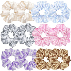 Sufermoe satin silk scrunchies pack with assorted light colors for versatile styling.