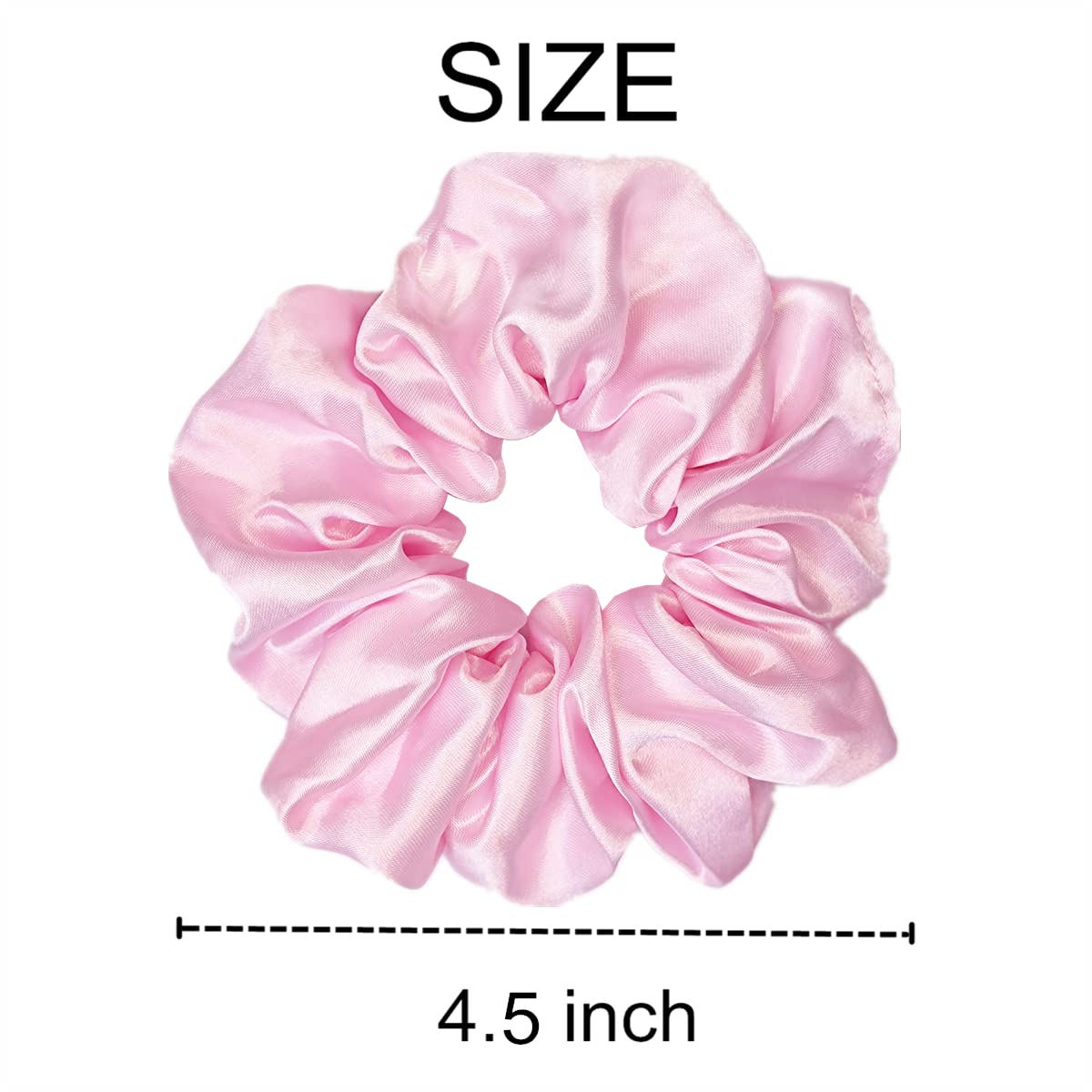 Sufermoe scrunchies show 4.5 inch diameter suitable for various hair types.