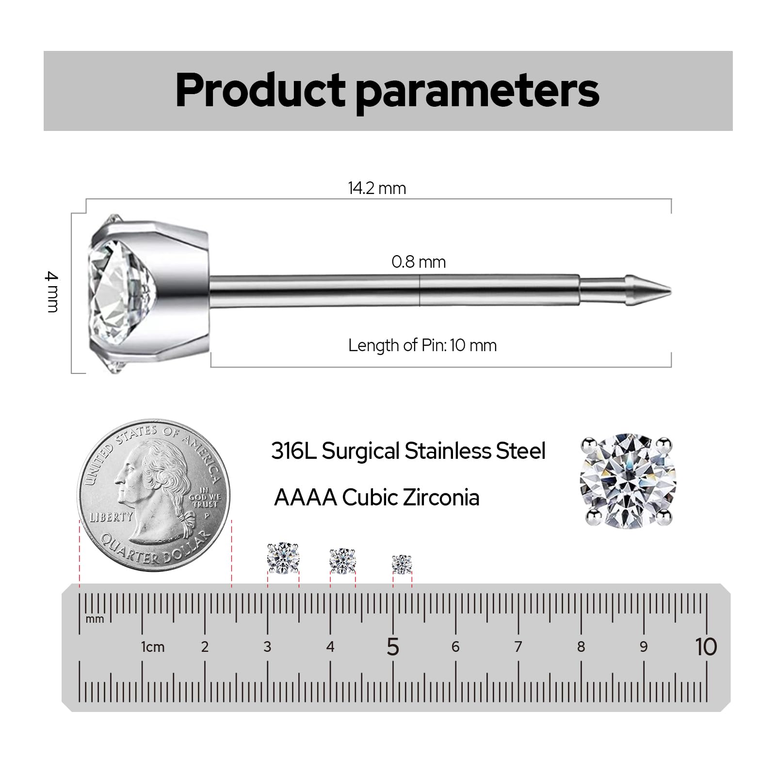 SugarTang 4mm cubic zirconia prong ear stud sparkling for new piercings