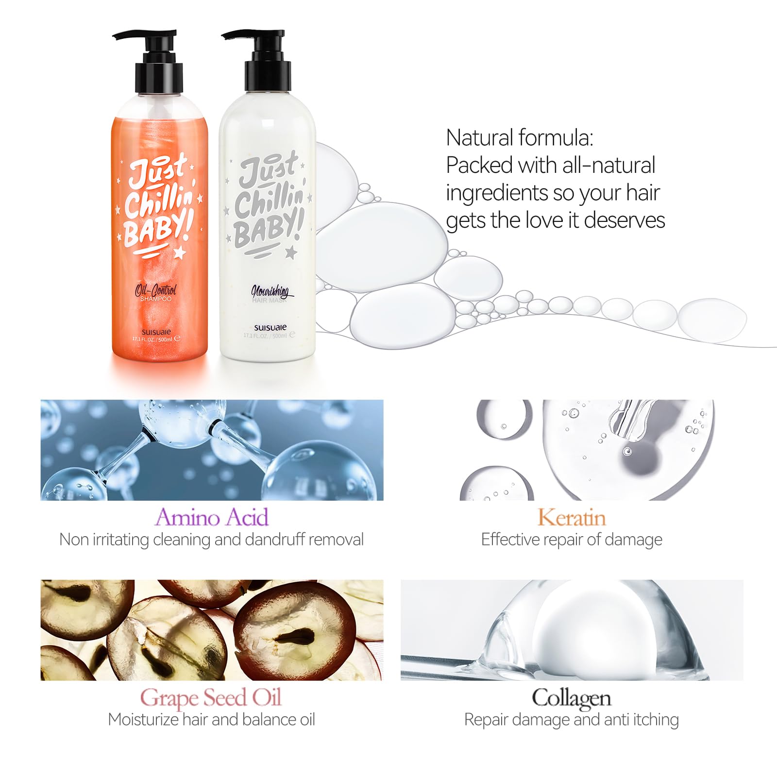 Suisuaie set packaging shows combined shampoo and conditioner for balanced cleansing.