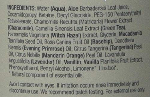 Sukin green tea aloe vera chamomile ingredients highlight soothing botanicals.