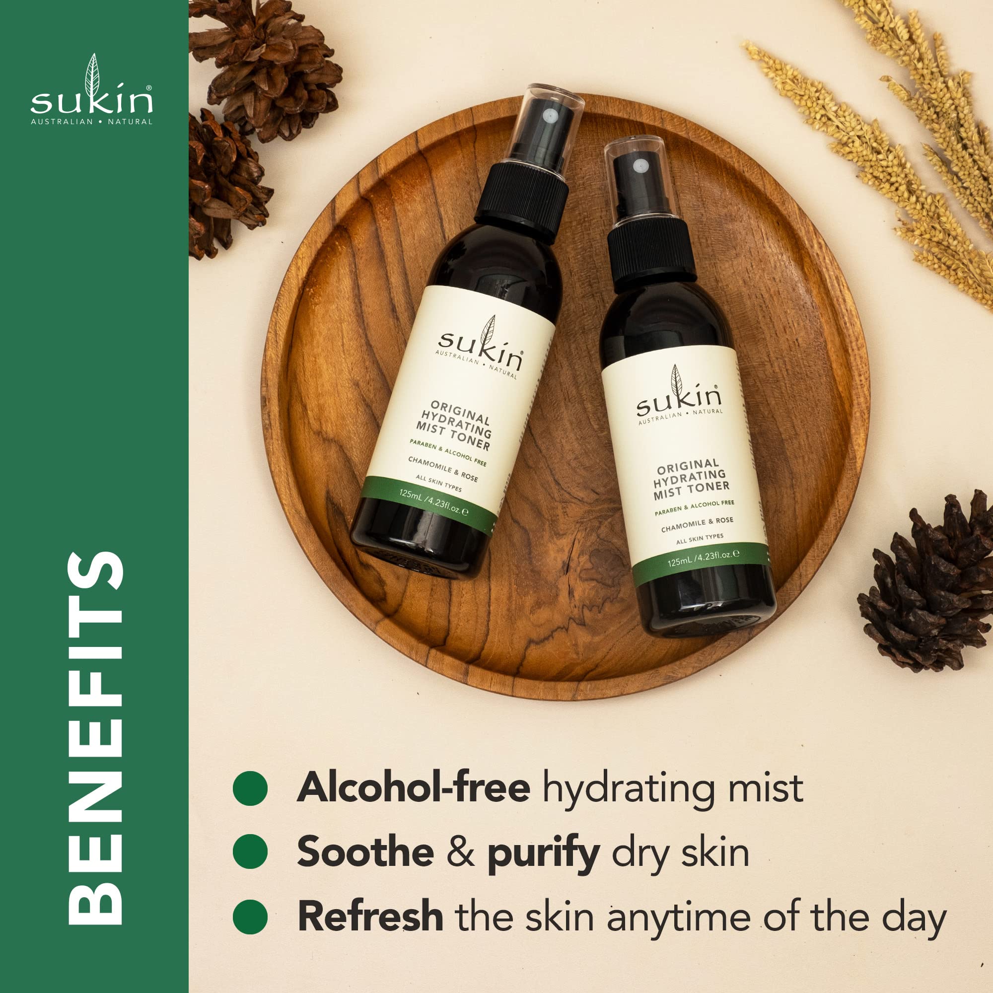 Sukin Organics Bruma Facial Rosas, aplicación suave para luminosidad diaria.