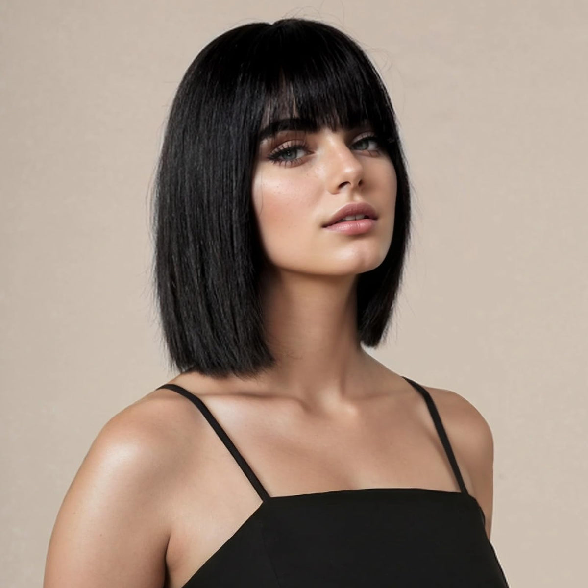 SUKRI short black straight wig with bangs, front view, ideal for daily wear.