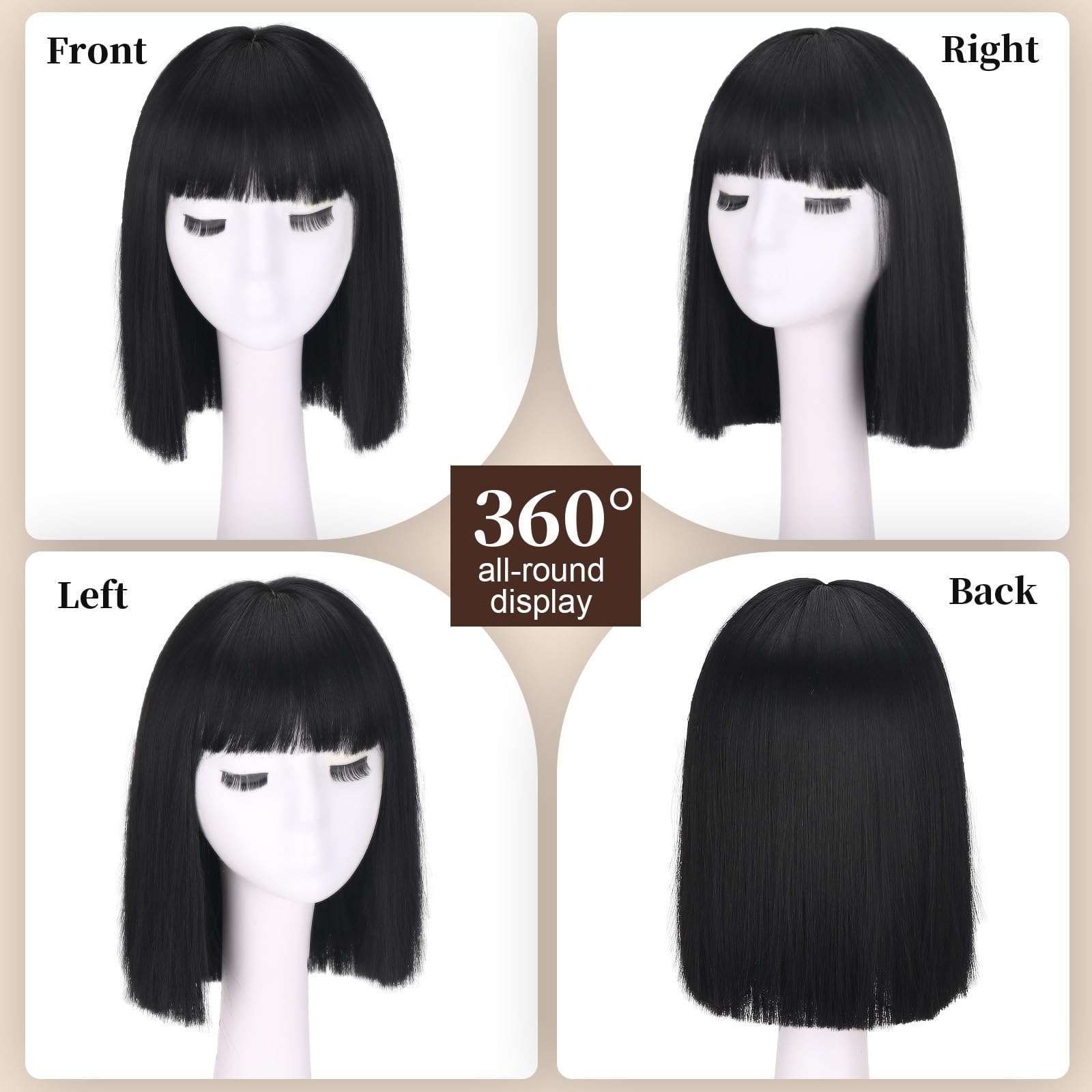 SUKRI short black straight wig with bangs, side view, showcasing bob shape.