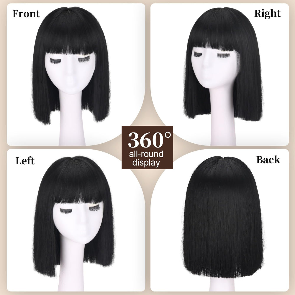 SUKRI short black straight wig with bangs, side view, showcasing bob shape.