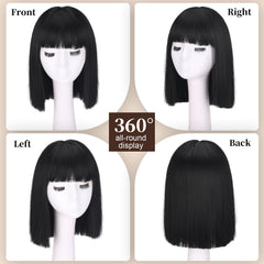 SUKRI short black straight wig with bangs, side view, showcasing bob shape.