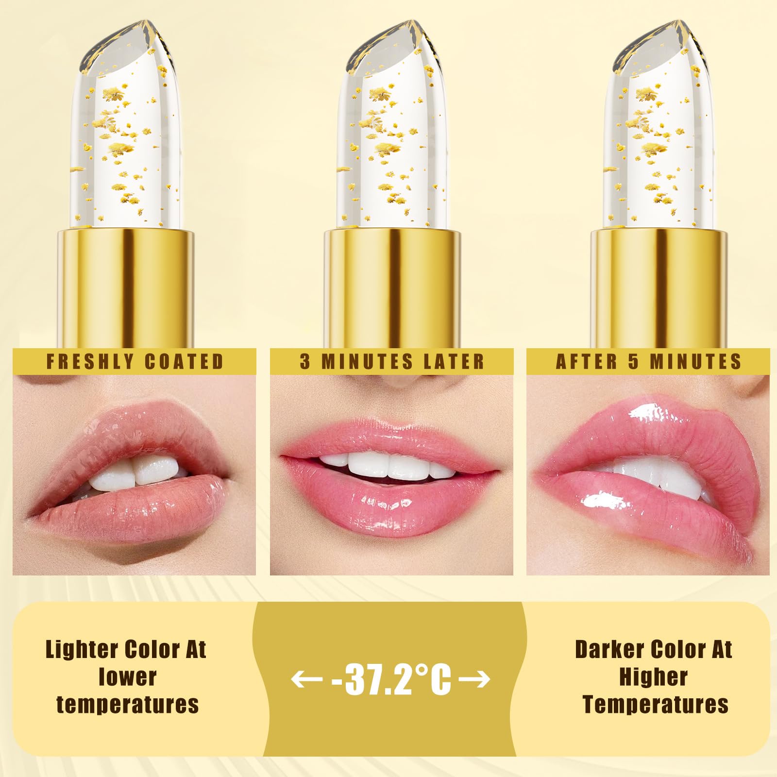 Sulily gold foil lipstick close-up highlights moisturizing formula and antioxidants.
