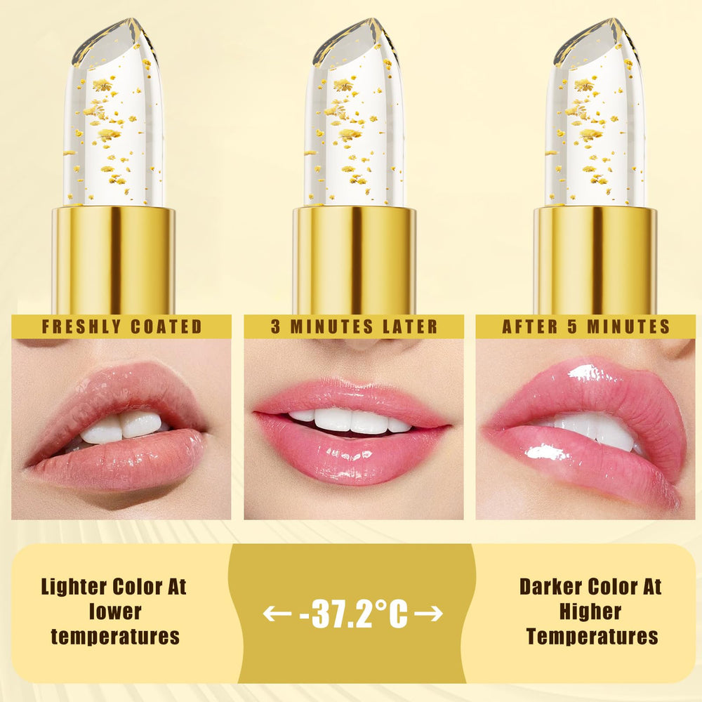 Sulily gold foil lipstick close-up highlights moisturizing formula and antioxidants.