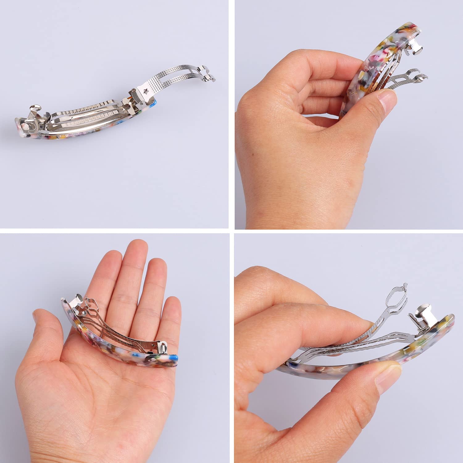 SUMAJU tortoise-shell hair clip side view shows sturdy metal-acrylic construction for durability.