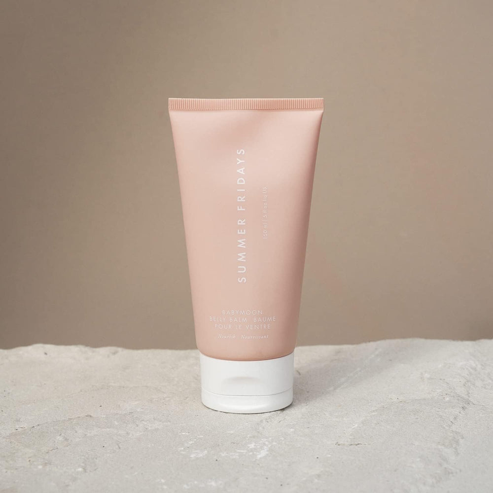 Summer Fridays Babymoon Belly Balm application demonstrates gentle, deep hydration for tired, stretched skin.