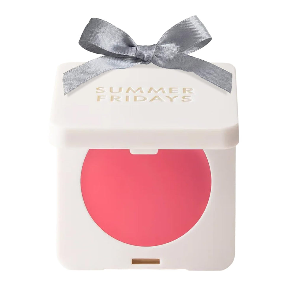 Summer Fridays Blush Butter Balm compact in Pink Sunset provides a dewy flush for cheeks.