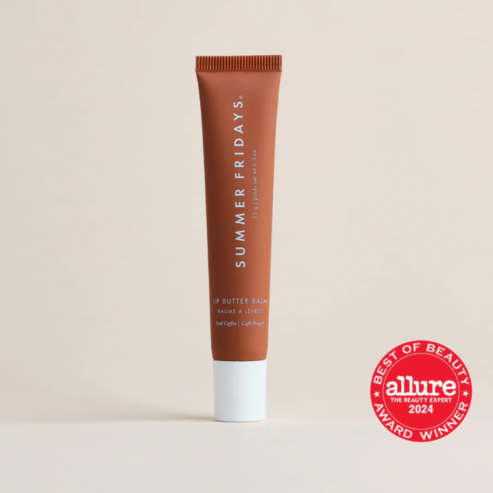 Summer Fridays Iced Coffee tinted balm on lips delivering soft gloss.