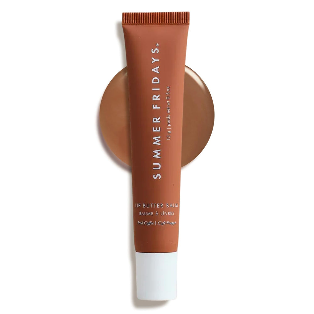 Summer Fridays Iced Coffee tinted balm tube close-up for daily hydration.