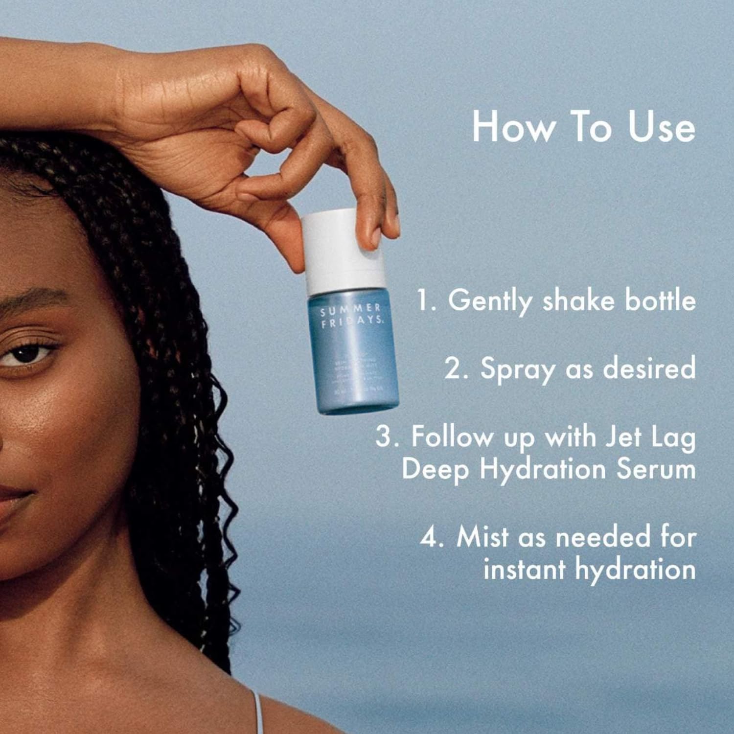 Summer Fridays Jet Lag Mist-application-on-face captures easy, casual use after makeup or first step.