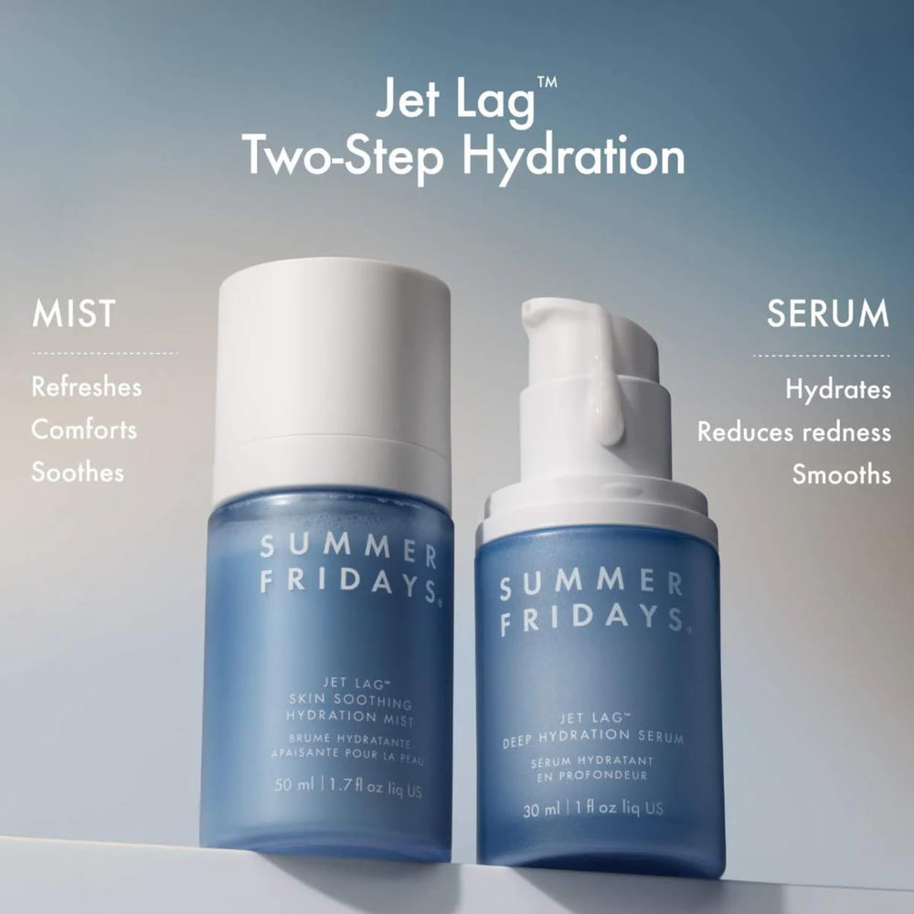 Summer Fridays Jet Lag Mist-mist-spray-angled reveals fine mist across skin for instant refresh.
