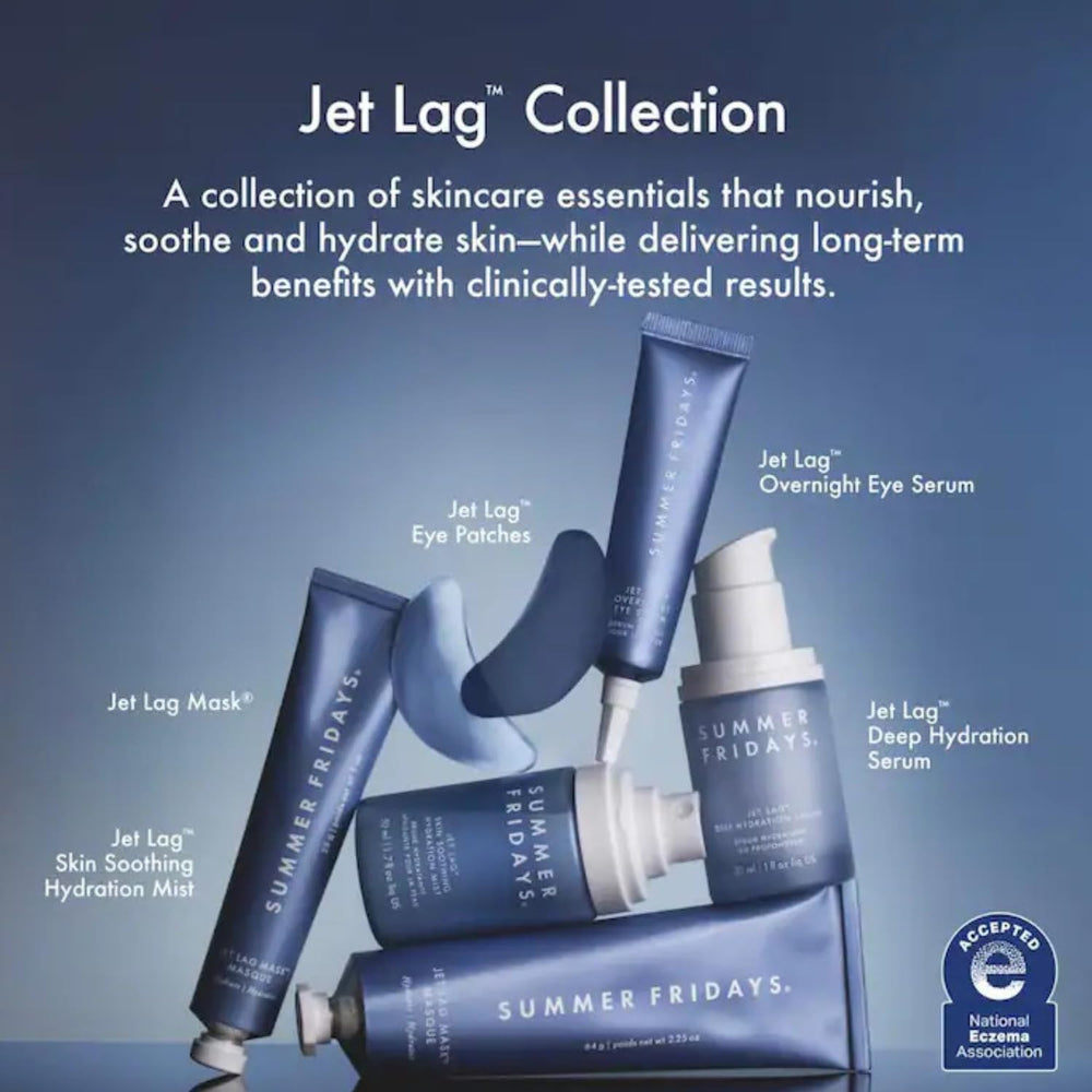 Summer Fridays Jet Lag patches in-use after-flight snapshot highlights de-puff moment.
