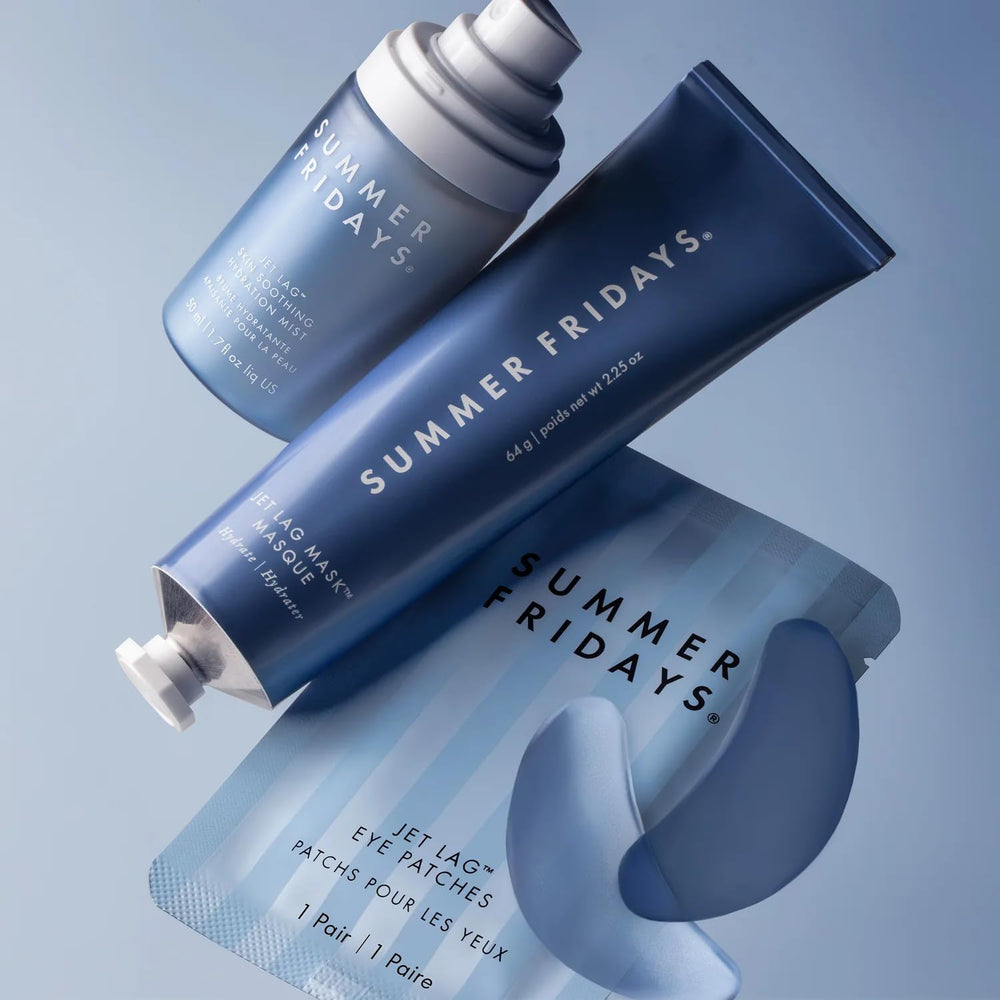 Summer Fridays Jet Lag patches cooling gel on eye area after workout or late night.