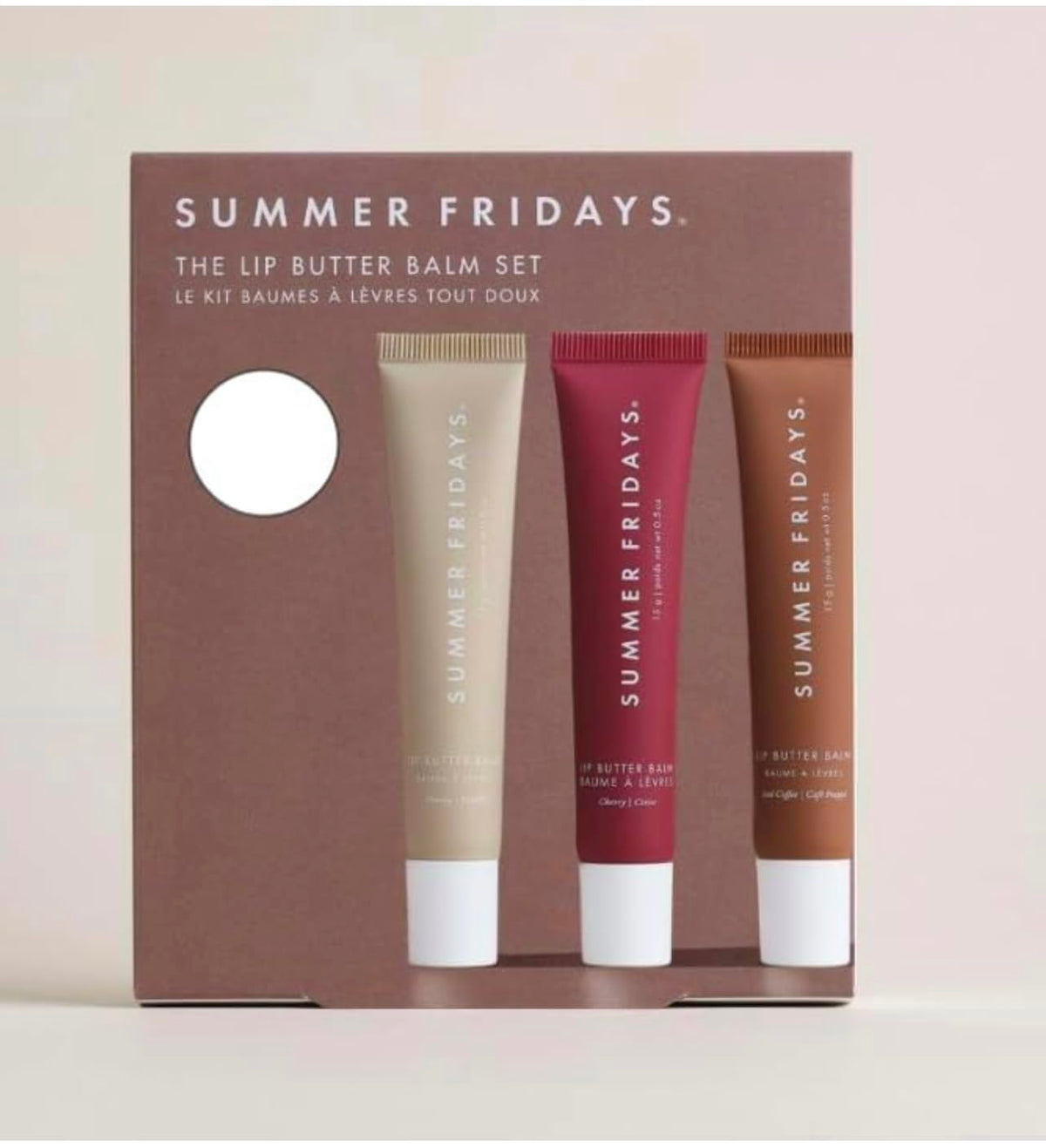 Summer Fridays lip butter balm trio image shows vanilla, vanilla beige, and brown sugar tubes for on-the-go hydration.