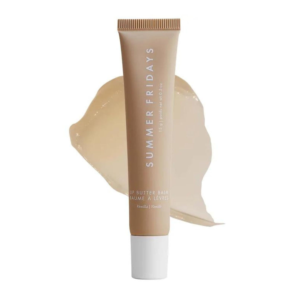 Summer Fridays Lip Butter Balm vanilla scent swatch for instant moisture and subtle shine on the go