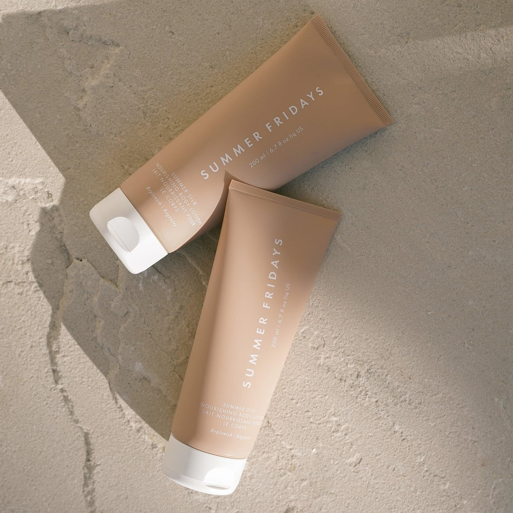 Summer Fridays Summer Silk Nourishing Body Lotion packaging emphasizing luxury and softness