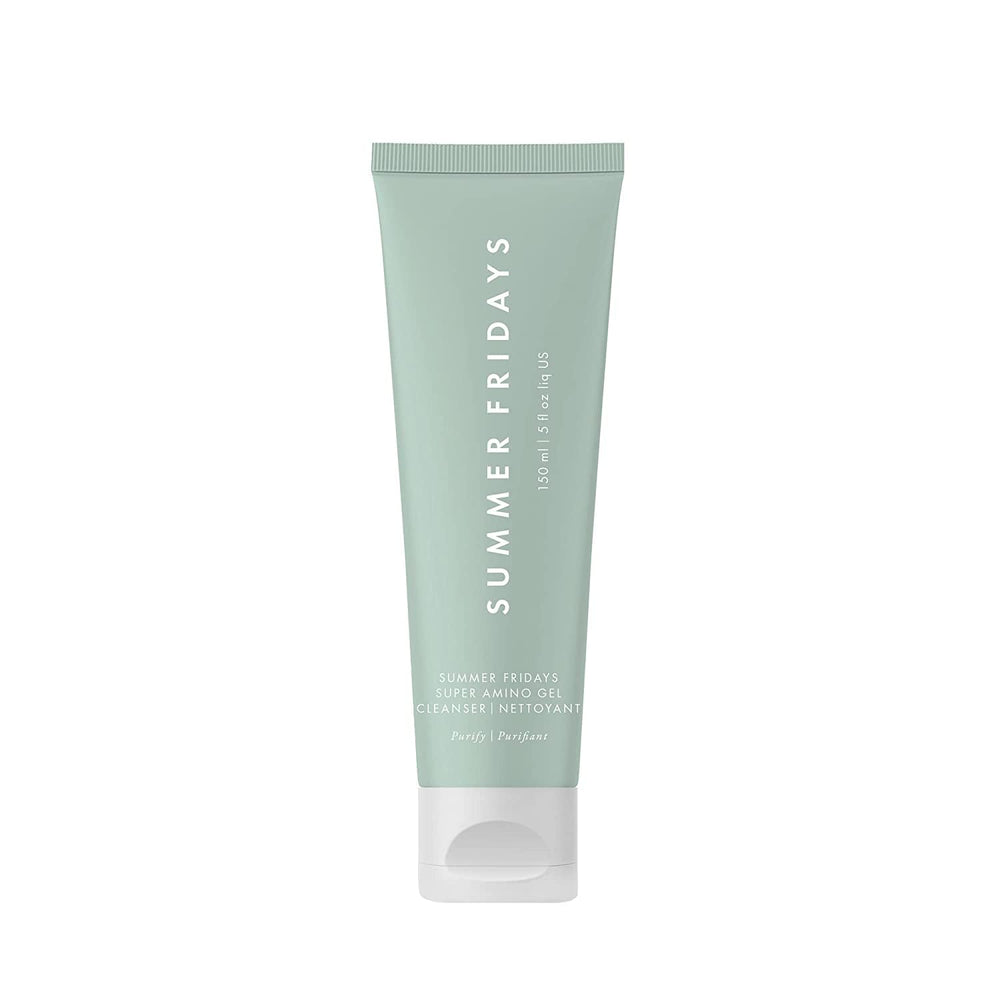 Summer Fridays Super Amino Gel Cleanser bottle close-up showing gentle nourishment for all skin types.