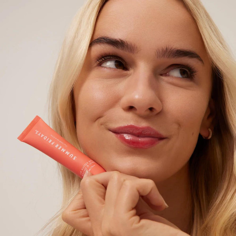 Summer Fridays Tinted Lip Butter Balm Poppy tube ready for on-the-go hydration.
