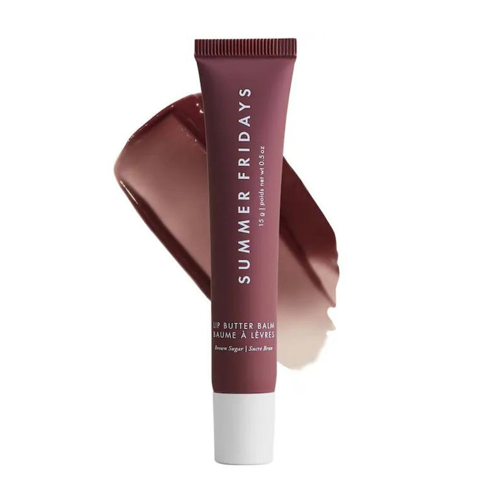 Summer Fridays tinted lip butter brown sugar tube shows sheer color and instant moisture.