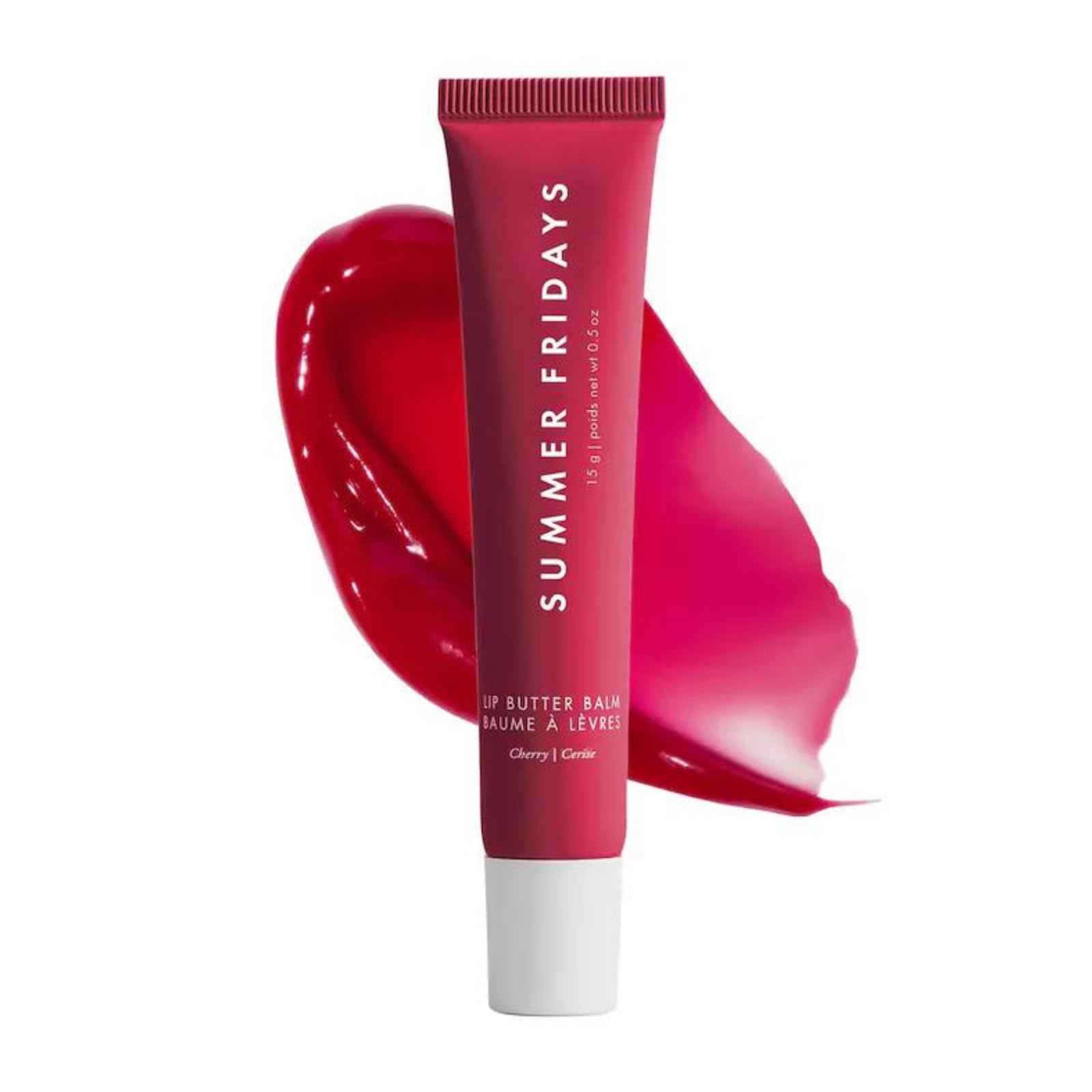 Summer Fridays Tinted Lip Butter Cherry tube close-up showcasing moisture and color.