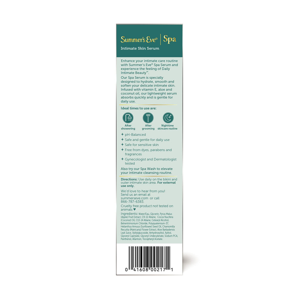 Summer's Eve Post-Shave Intimate Serum packaging box for daily routine.