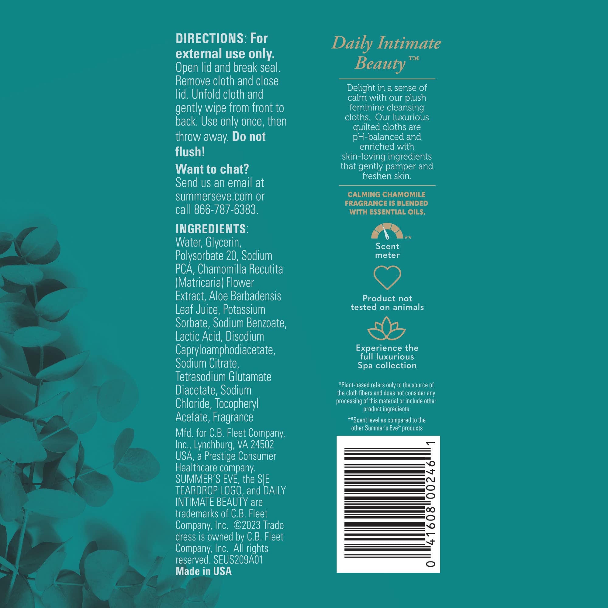 Summer's Eve Spa Calming Chamomile wipes gynecologist-tested for safe daily use.