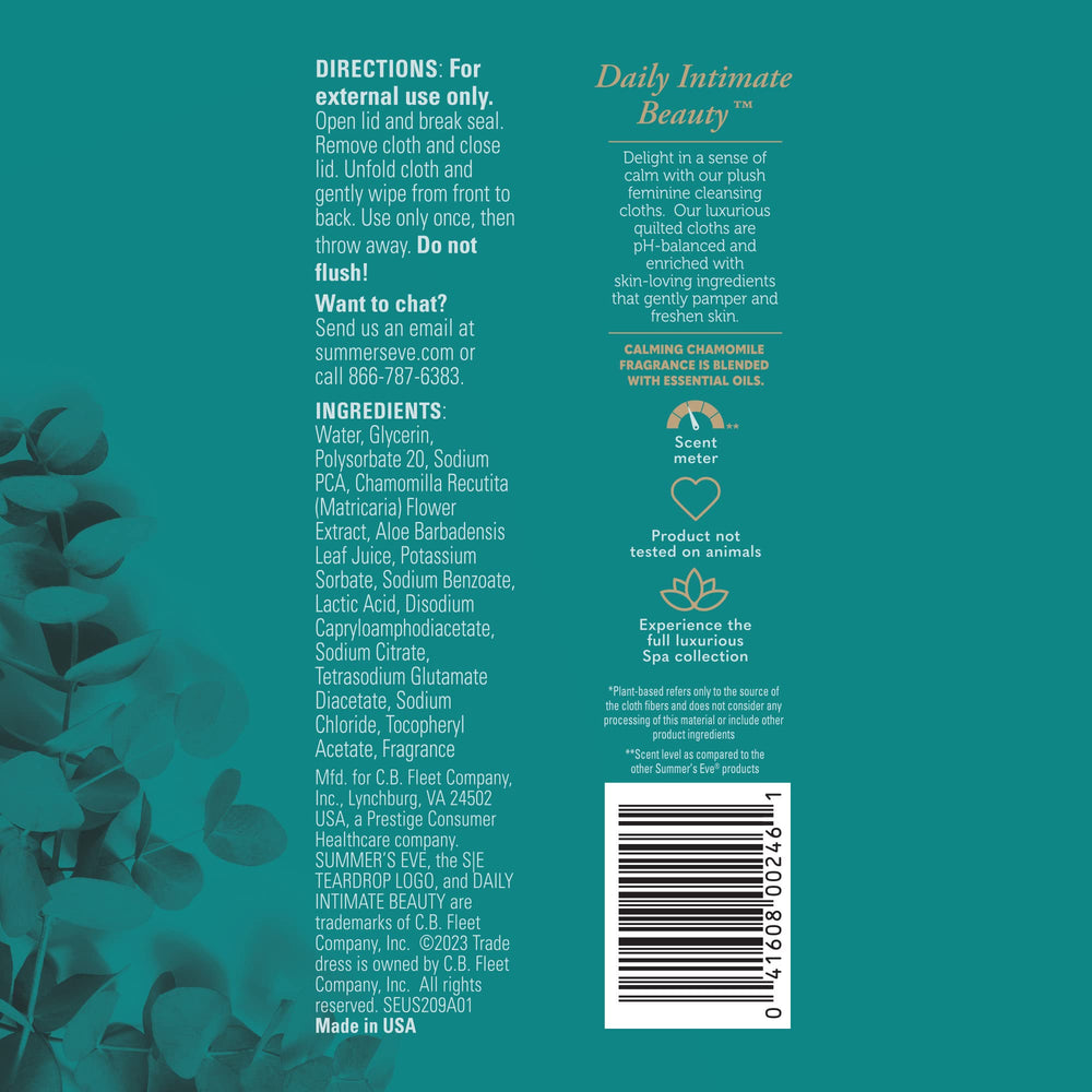 Summer's Eve Spa Calming Chamomile wipes gynecologist-tested for safe daily use.