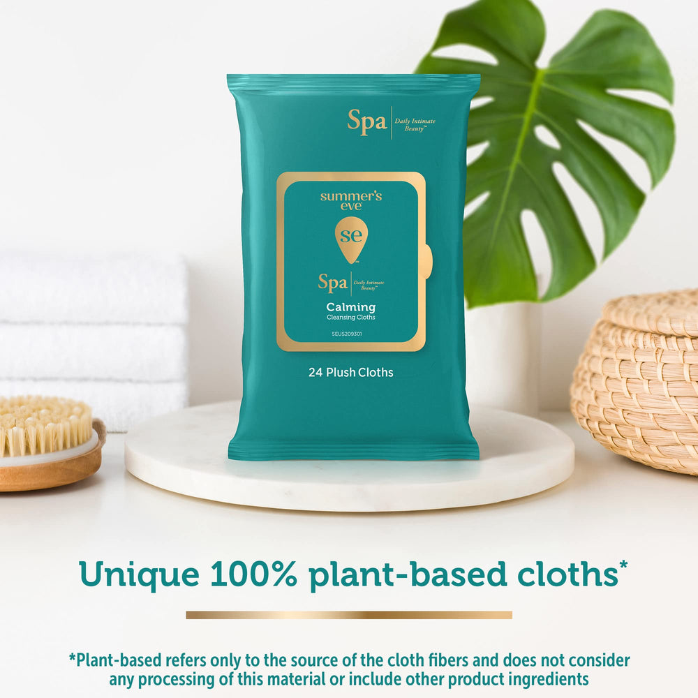 Summer's Eve Spa Calming Chamomile wipes use 100% plant-based fibers for gentle care.