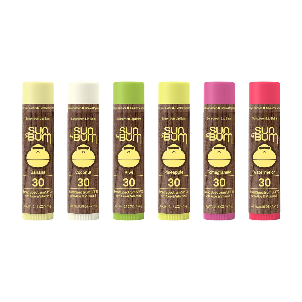 Sun Bum Lip Balm SPF 30 stick on display with six flavors for daily sun protection.