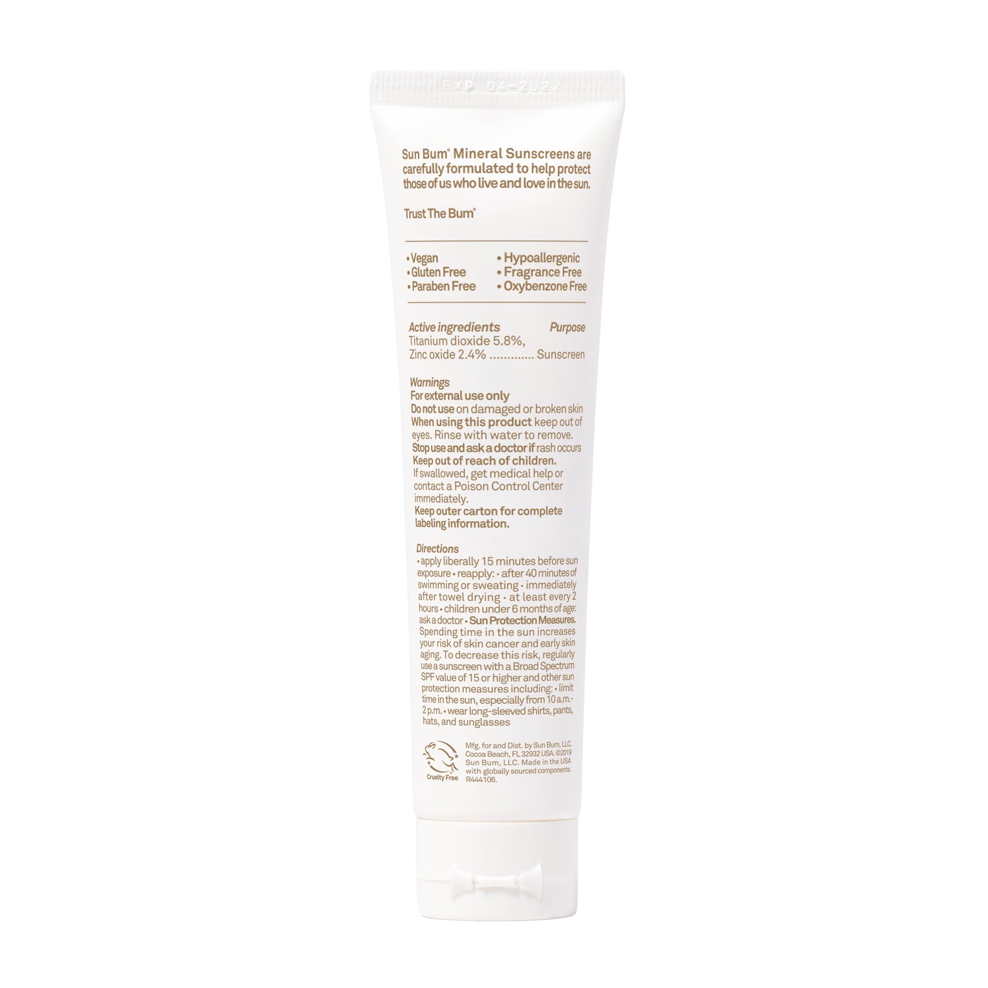 Sun Bum packaging label highlights cruelty-free and gluten-free attributes.