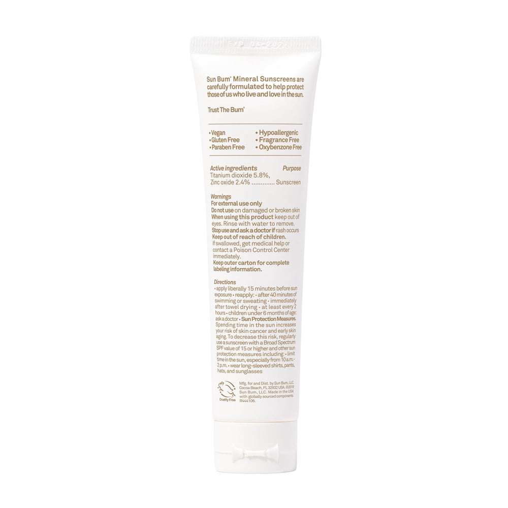Sun Bum packaging label highlights cruelty-free and gluten-free attributes.