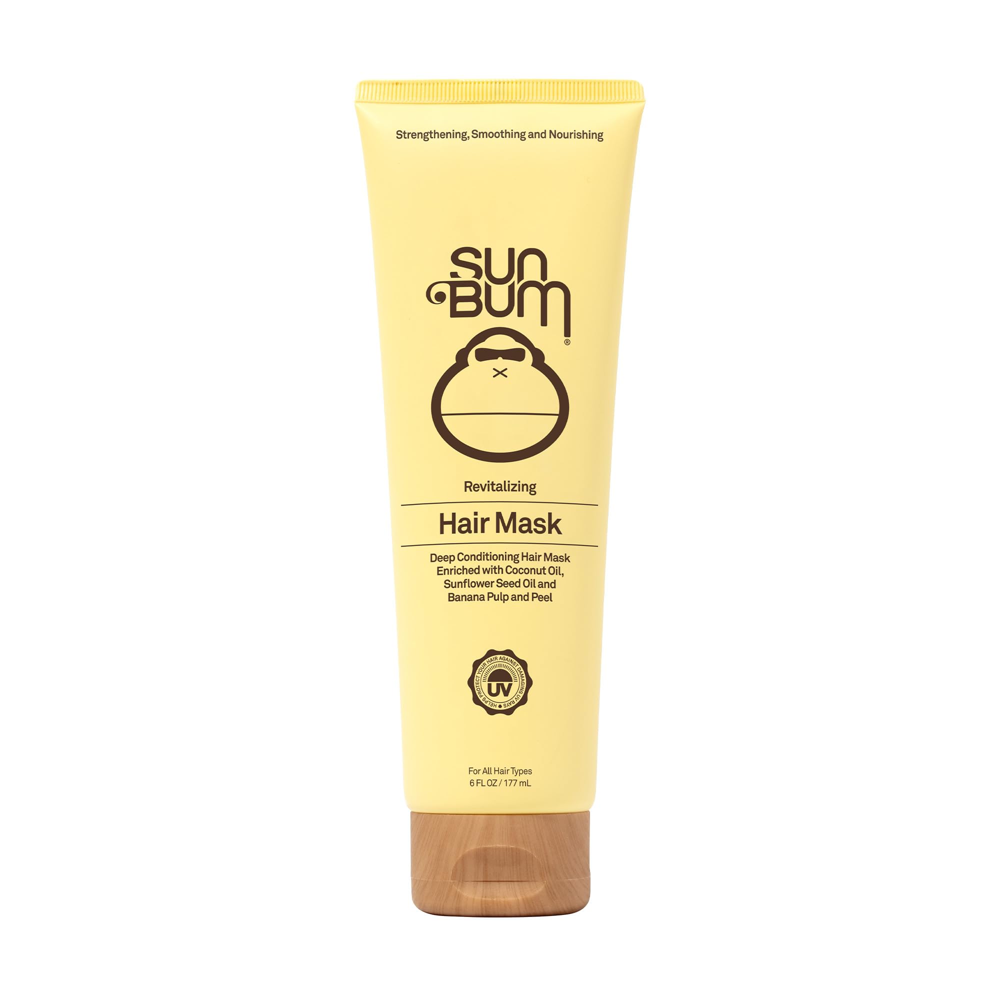 Sun Bum Revitalizing Deep Conditioning Hair Mask bottle close-up highlighting silky, manageable hair potential.