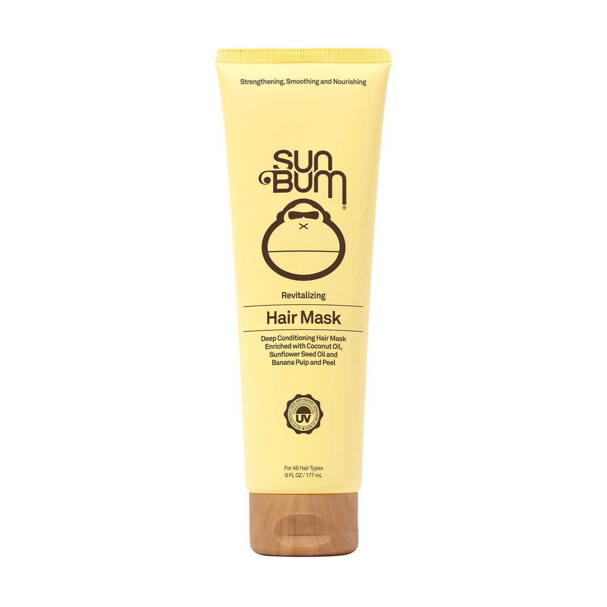 Sun Bum Revitalizing Deep Conditioning Hair Mask bottle close-up highlighting silky, manageable hair potential.