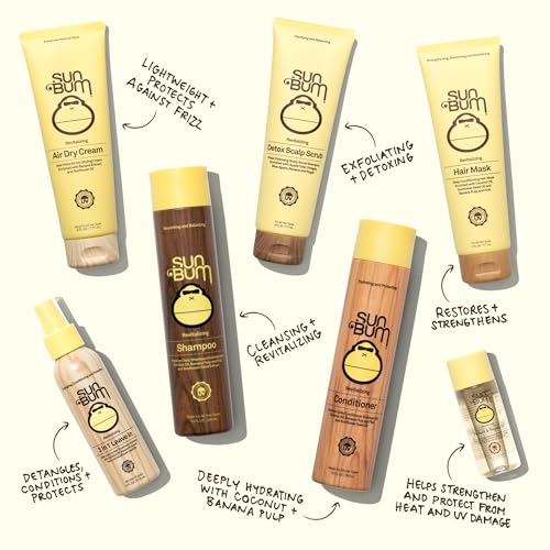 Sun Bum Revitalizing Deep Conditioning Hair Mask hands applying emphasizes smoothing and moisture.
